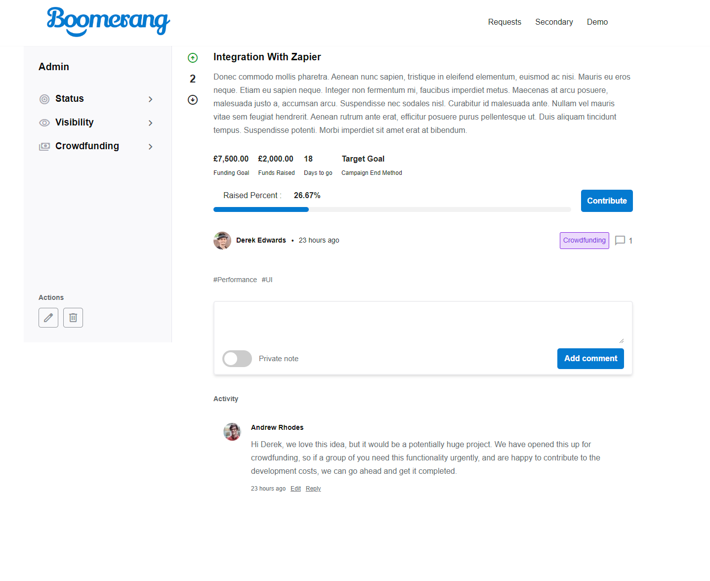 screenshot of Boomerang's crowdfunding capabilities