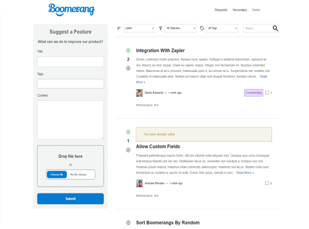 screenshot of Boomerang's guest submission capabilities