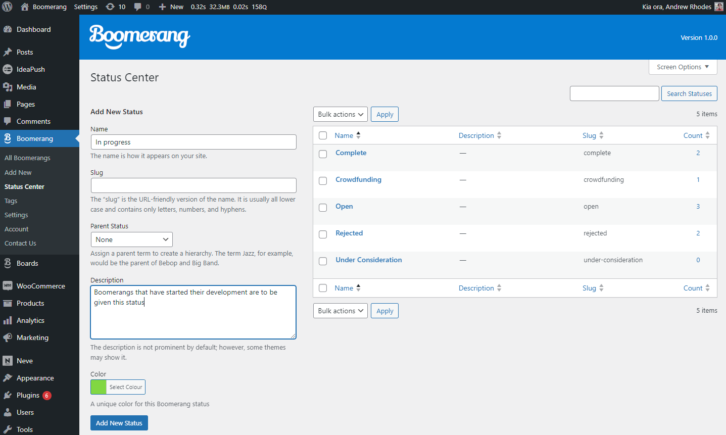 screenshot of Boomerang's Status Center